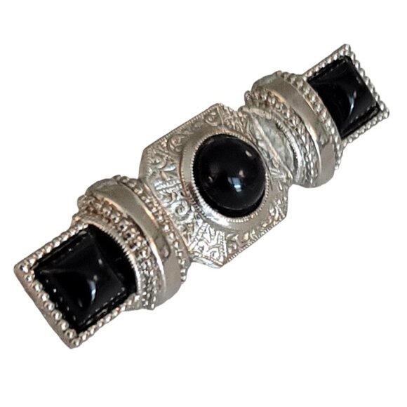 1928 Brand Silver Tone Black Lucite Cab Bar Pin Brooch K79 - Picture 3 of 8